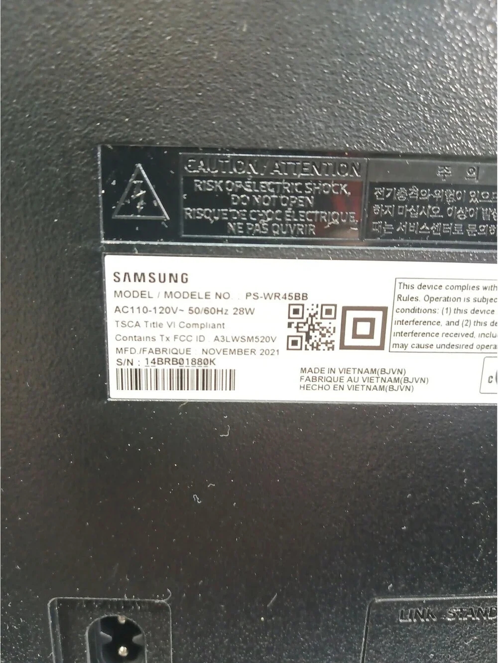 Samsung PS-WR45BB Wireless Active Subwoofer for HW-R450 HW-T60C Soundbar